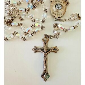 Rosary Knock Water AB Crystal Beads Silver‎ Tone Italy Religious Catholic